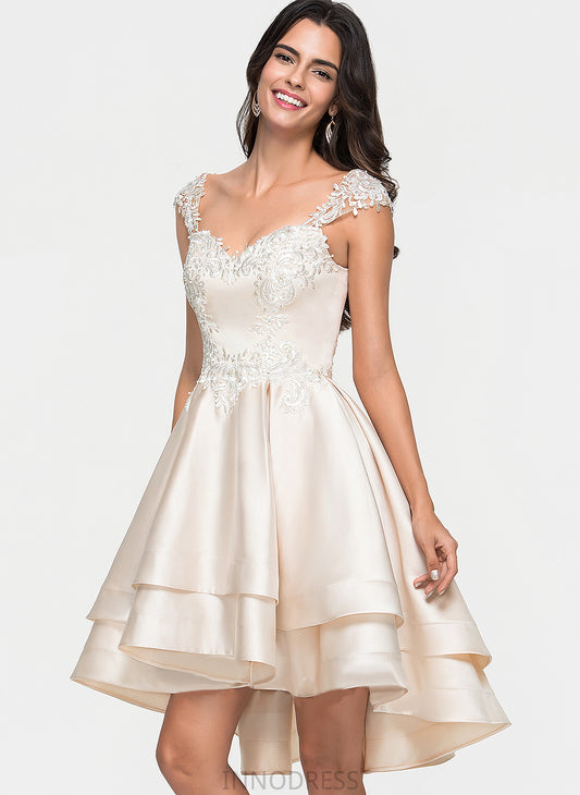 Ruffles A-Line Satin Cascading Asymmetrical Kelly Lace Prom Dresses With Beading Sweetheart