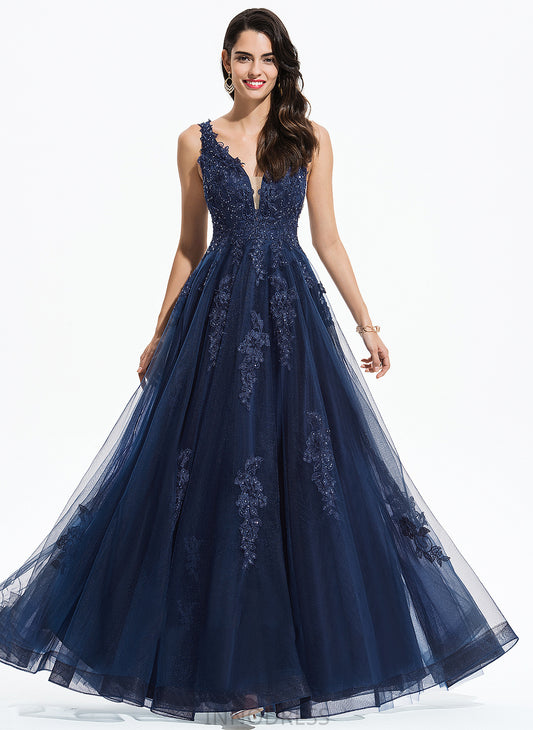 V-neck Prom Dresses Floor-Length Renata Tulle With A-Line Sequins Lace