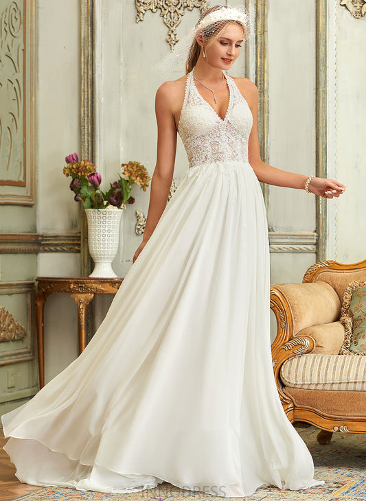 Lace Chiffon Sweep Train Wedding Dresses A-Line Kierra Halter Dress Wedding