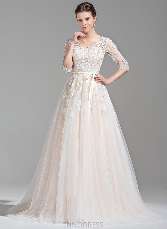Ball-Gown/Princess Lace Rayne Train Tulle Dress V-neck Wedding Appliques Wedding Dresses Beading With Court Sequins Bow(s)
