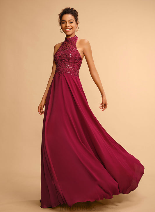 Halter With Chiffon A-Line Lace Prom Dresses Sophia Floor-Length Sequins