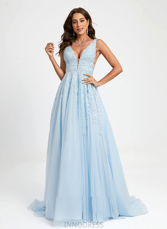 Ball-Gown/Princess With Tulle Sweep V-neck Beading Prom Dresses Giselle Train Lace