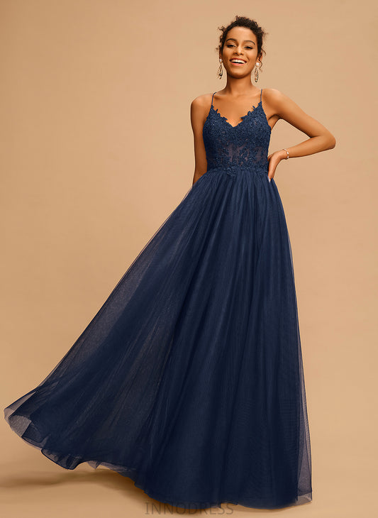 Floor-Length A-Line Beading Sequins Tulle V-neck Kamora With Prom Dresses