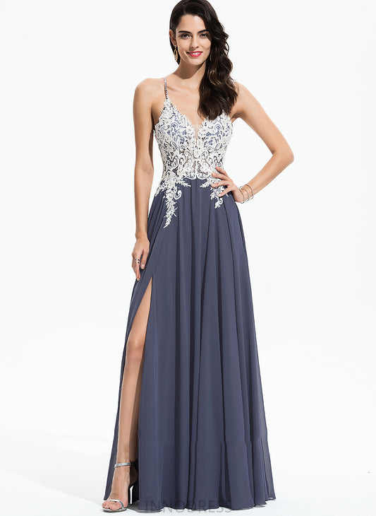 Split Floor-Length Evangeline Lace Beading A-Line Prom Dresses Sequins Front With Chiffon