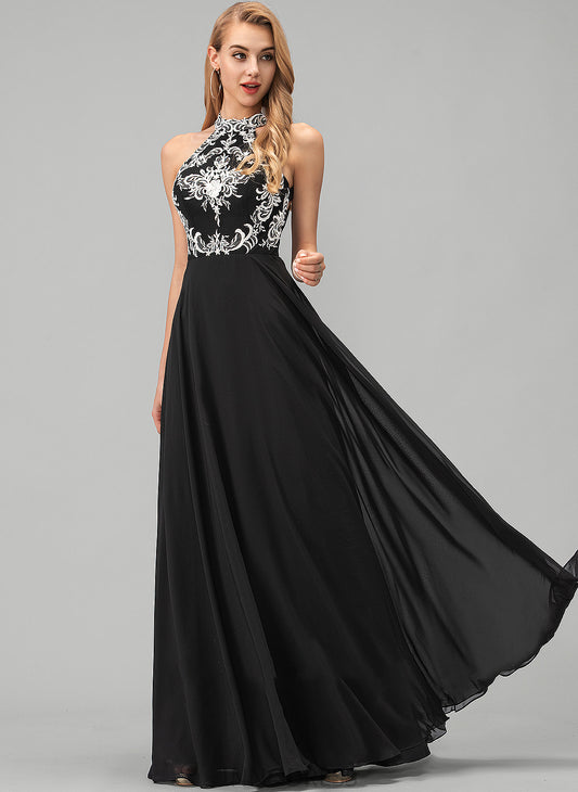 Scoop Prom Dresses Chiffon A-Line Floor-Length Neck With Lace Reina