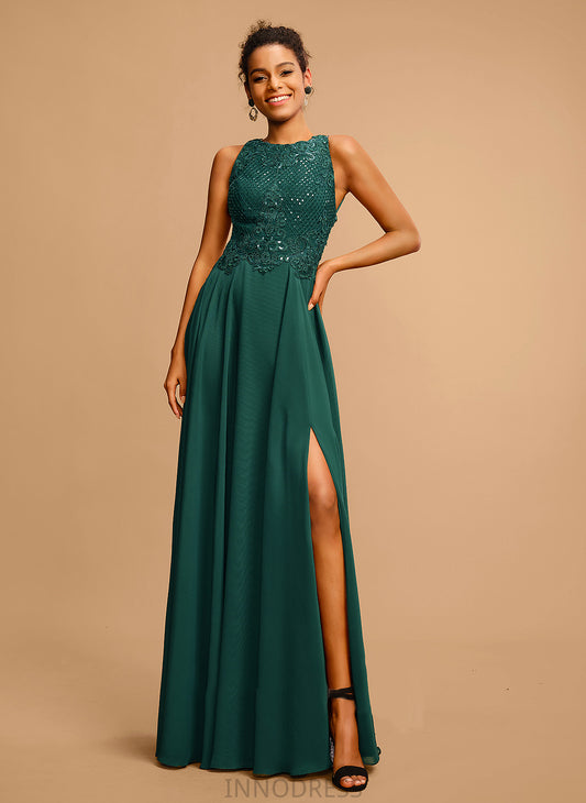 Prom Dresses Floor-Length Scoop Chiffon Neck Split Sequins Keyla Front Lace With A-Line