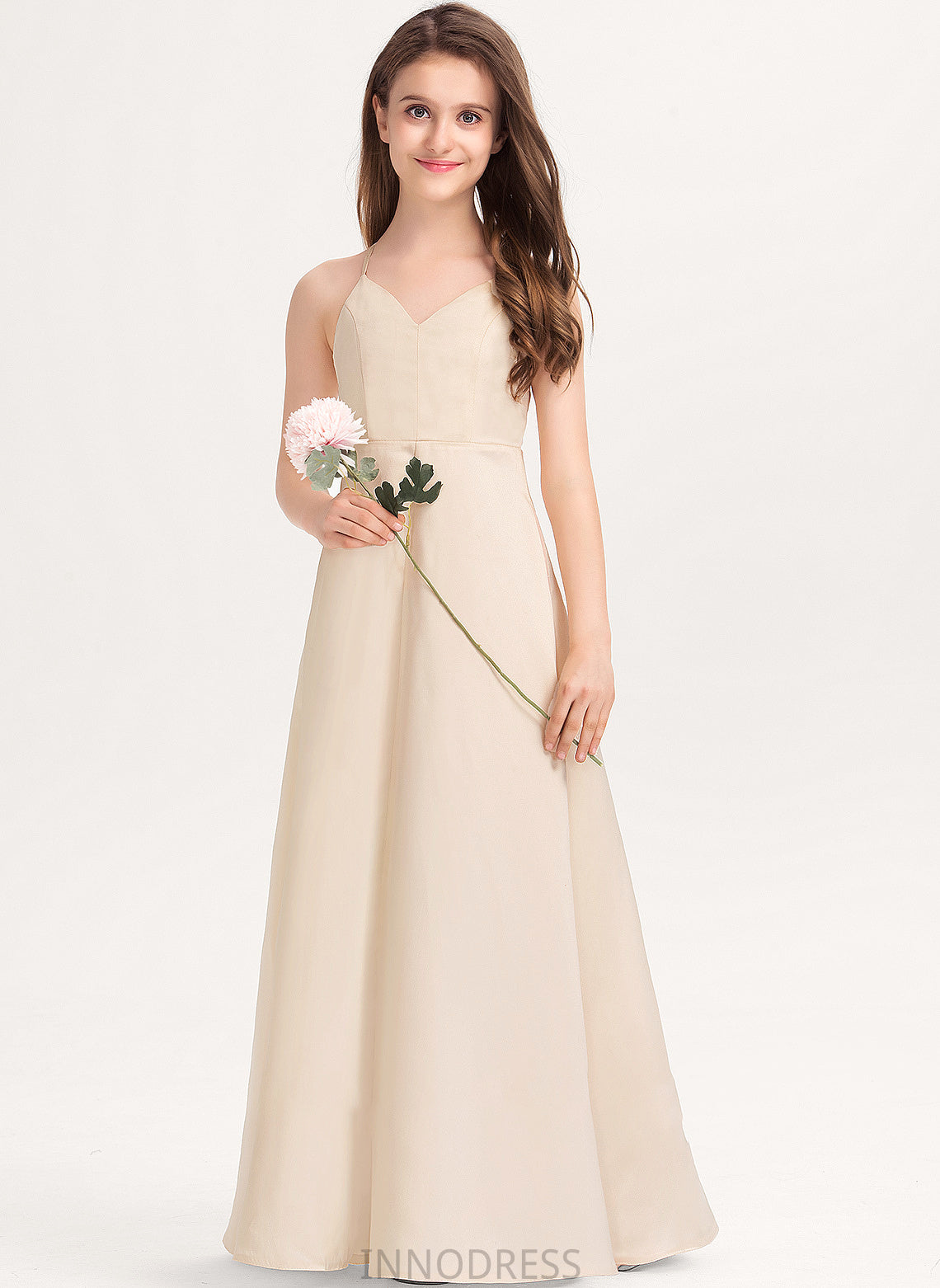 V-neck Junior Bridesmaid Dresses With A-Line Floor-Length Kylie Satin Pockets