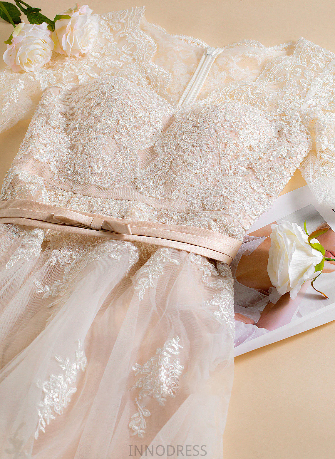 Dress Wedding Tulle Satin Zoey Lace A-Line V-neck Wedding Dresses Asymmetrical