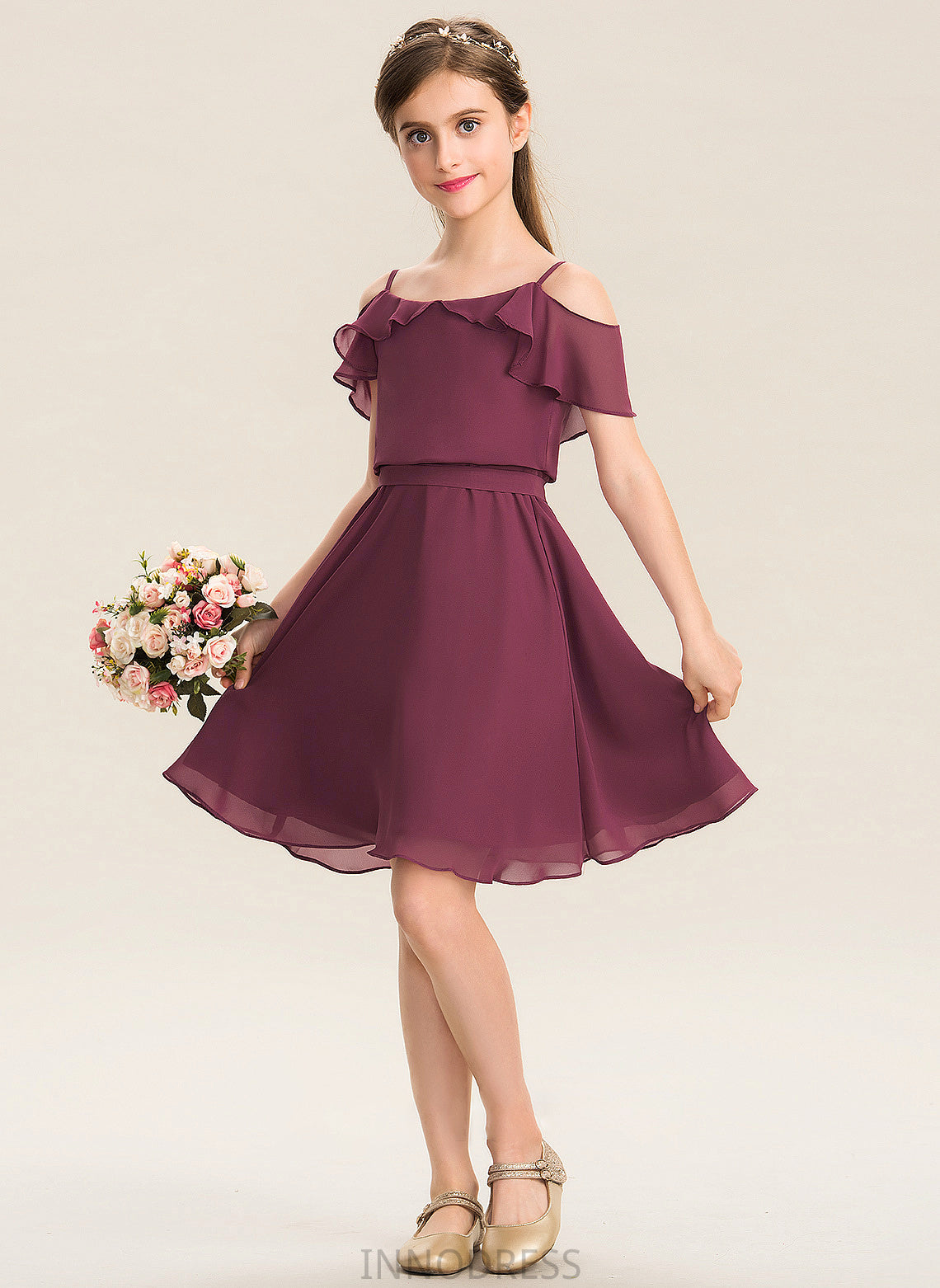 With Chiffon Junior Bridesmaid Dresses Kinsley Knee-Length A-Line Bow(s) Cascading Ruffles Off-the-Shoulder