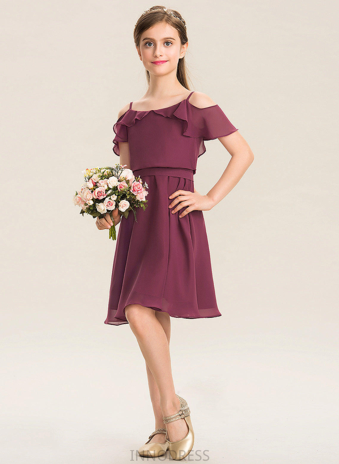 With Chiffon Junior Bridesmaid Dresses Kinsley Knee-Length A-Line Bow(s) Cascading Ruffles Off-the-Shoulder