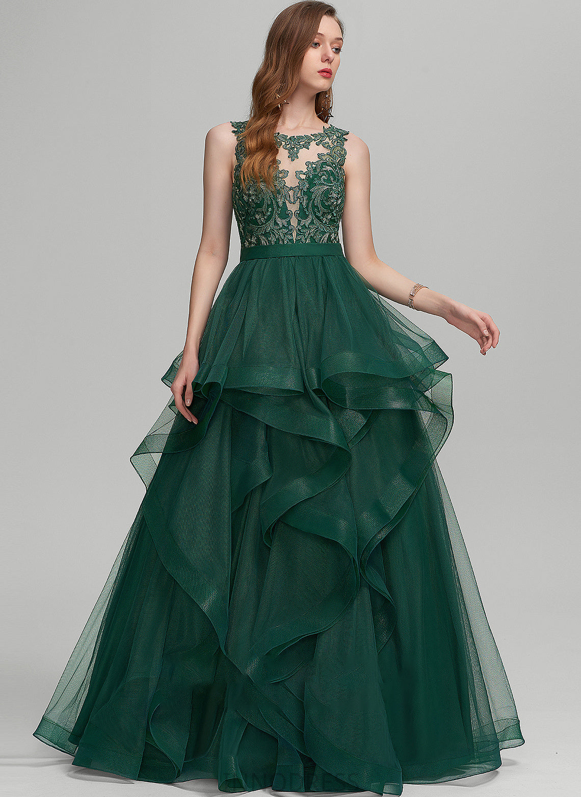 Paris Prom Dresses Scoop Tulle Lace Floor-Length Ball-Gown/Princess With Neck Ruffle
