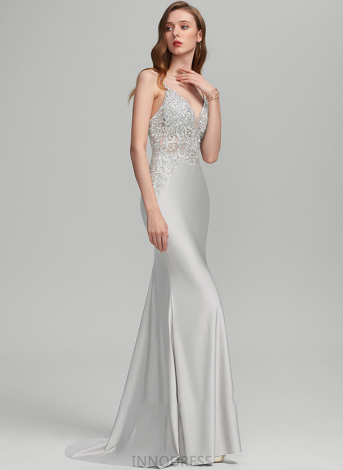 Trumpet/Mermaid Sweep With Train V-neck Jersey Madison Prom Dresses Sequins