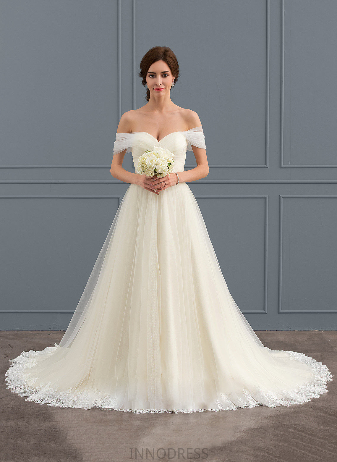 Wedding With Wedding Dresses Off-the-Shoulder Lace Tulle Ball-Gown/Princess Shyann Ruffle Train Court Dress