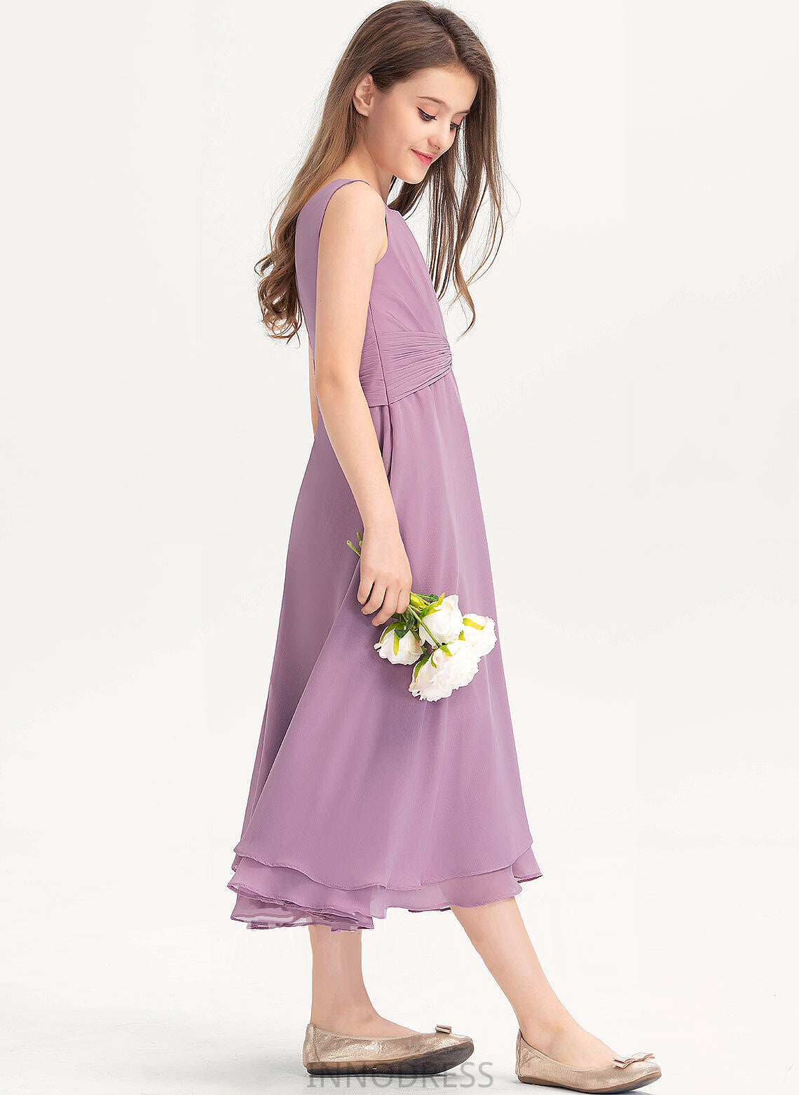 Junior Bridesmaid Dresses Sarah Scoop Neck A-Line Chiffon Tea-Length Ruffle With