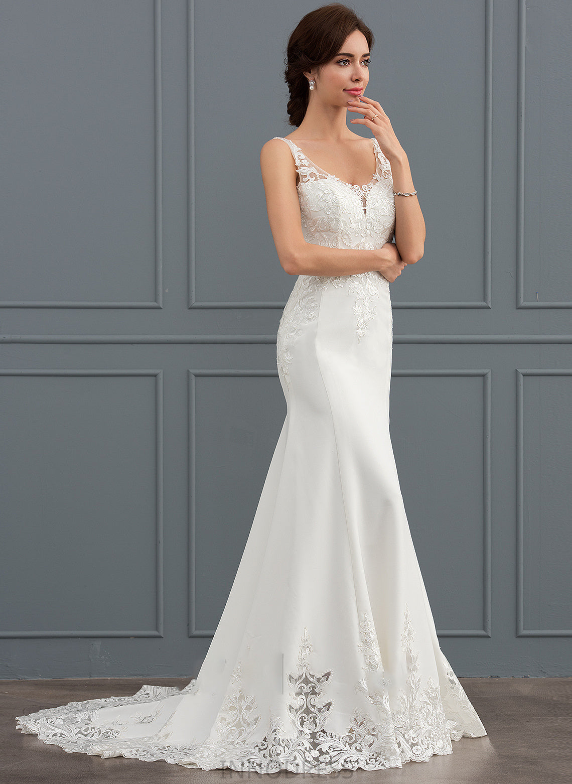 Wedding Dresses V-neck Crepe With Train Court Sequins Dress Stretch Wedding Trumpet/Mermaid Chasity Lace