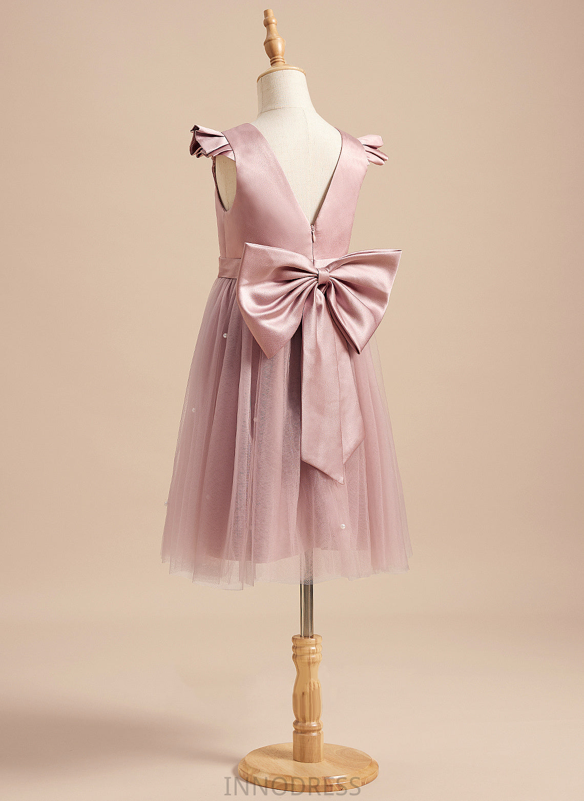 - Satin/Tulle Knee-length Dress Judith Scoop Short With Neck A-Line Beading/Bow(s) Sleeves Flower Girl Dresses Girl Flower
