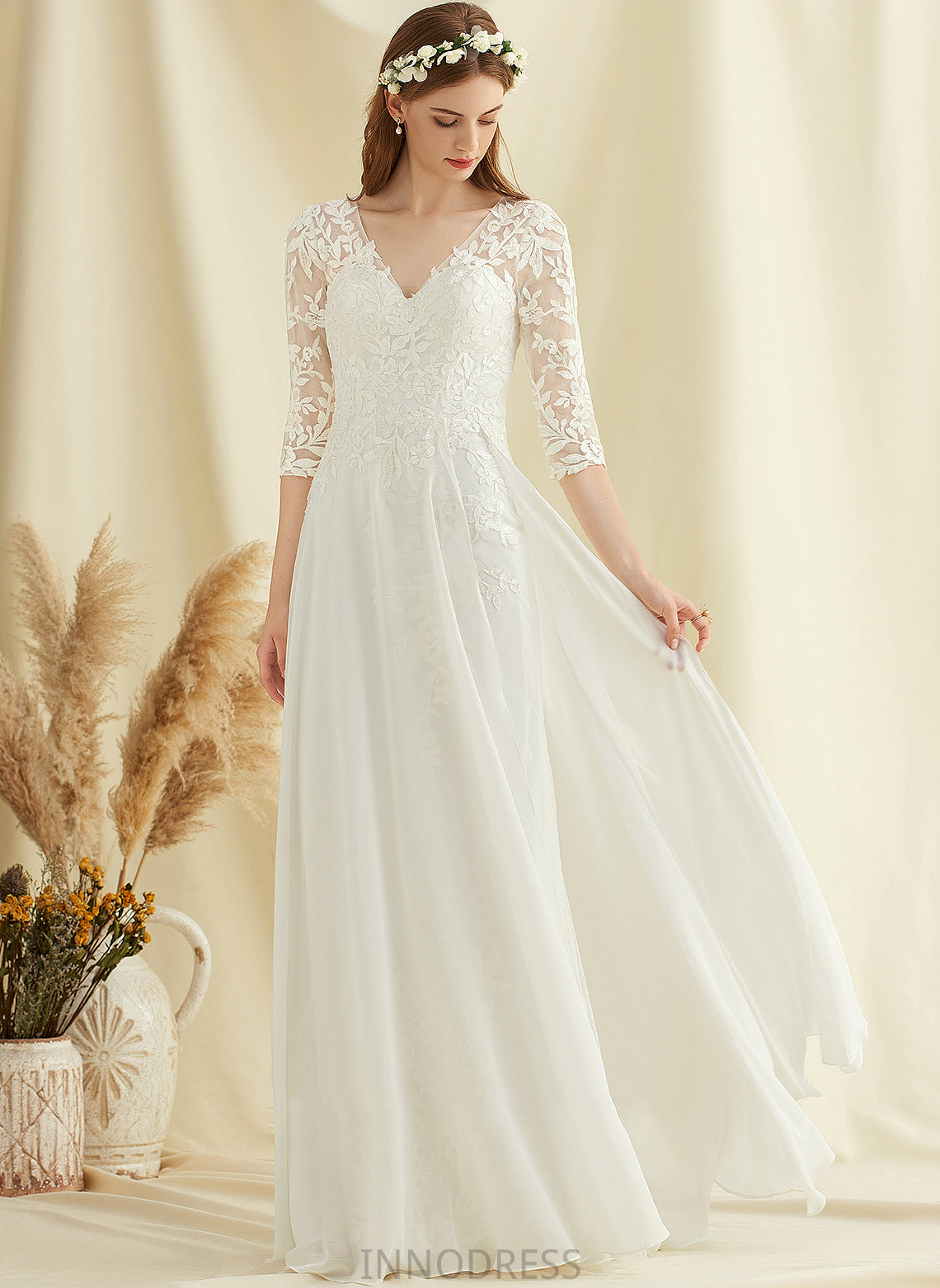 V-neck Marlene Wedding Lace A-Line Dress Floor-Length Wedding Dresses Chiffon