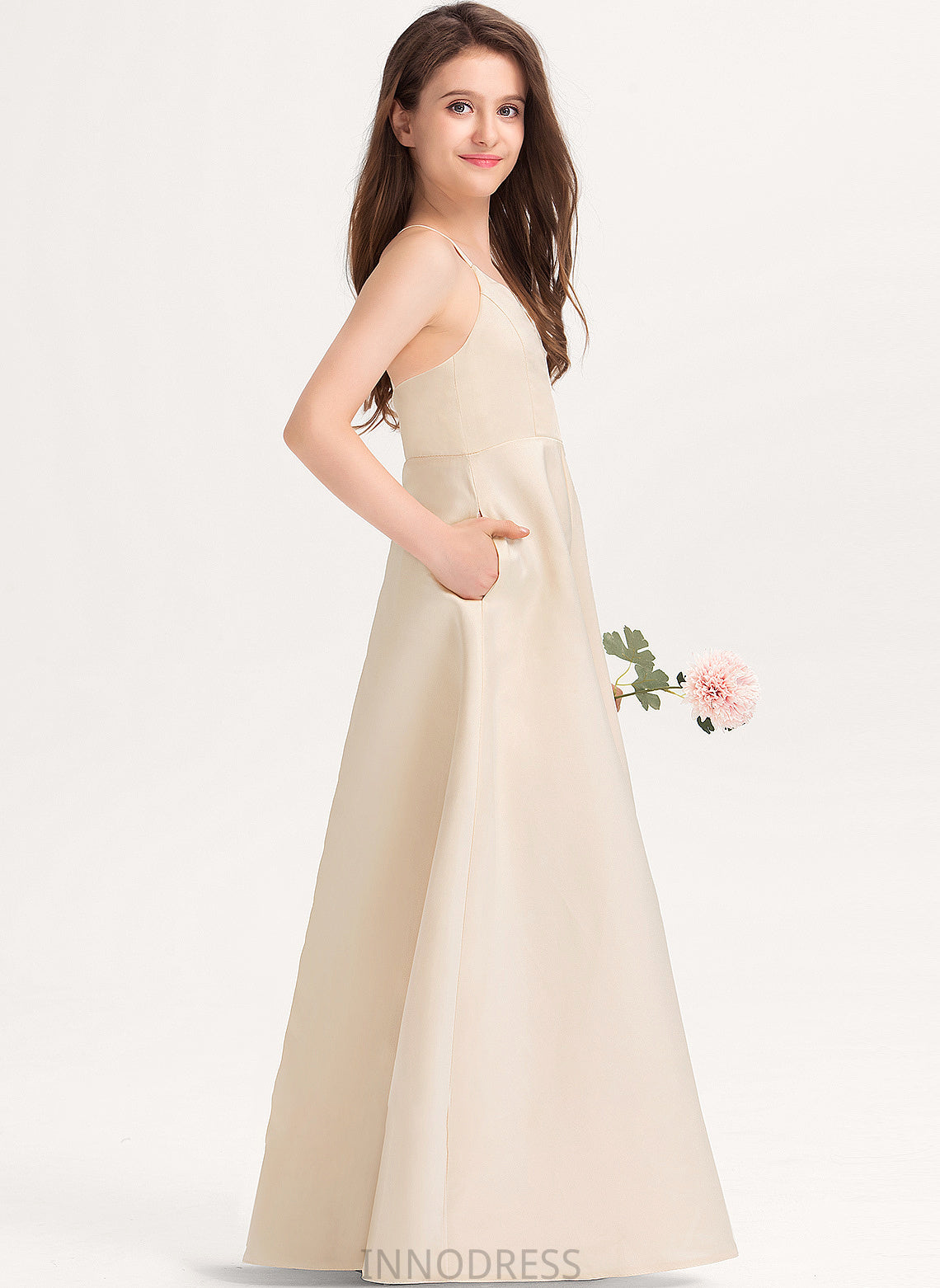 V-neck Junior Bridesmaid Dresses With A-Line Floor-Length Kylie Satin Pockets