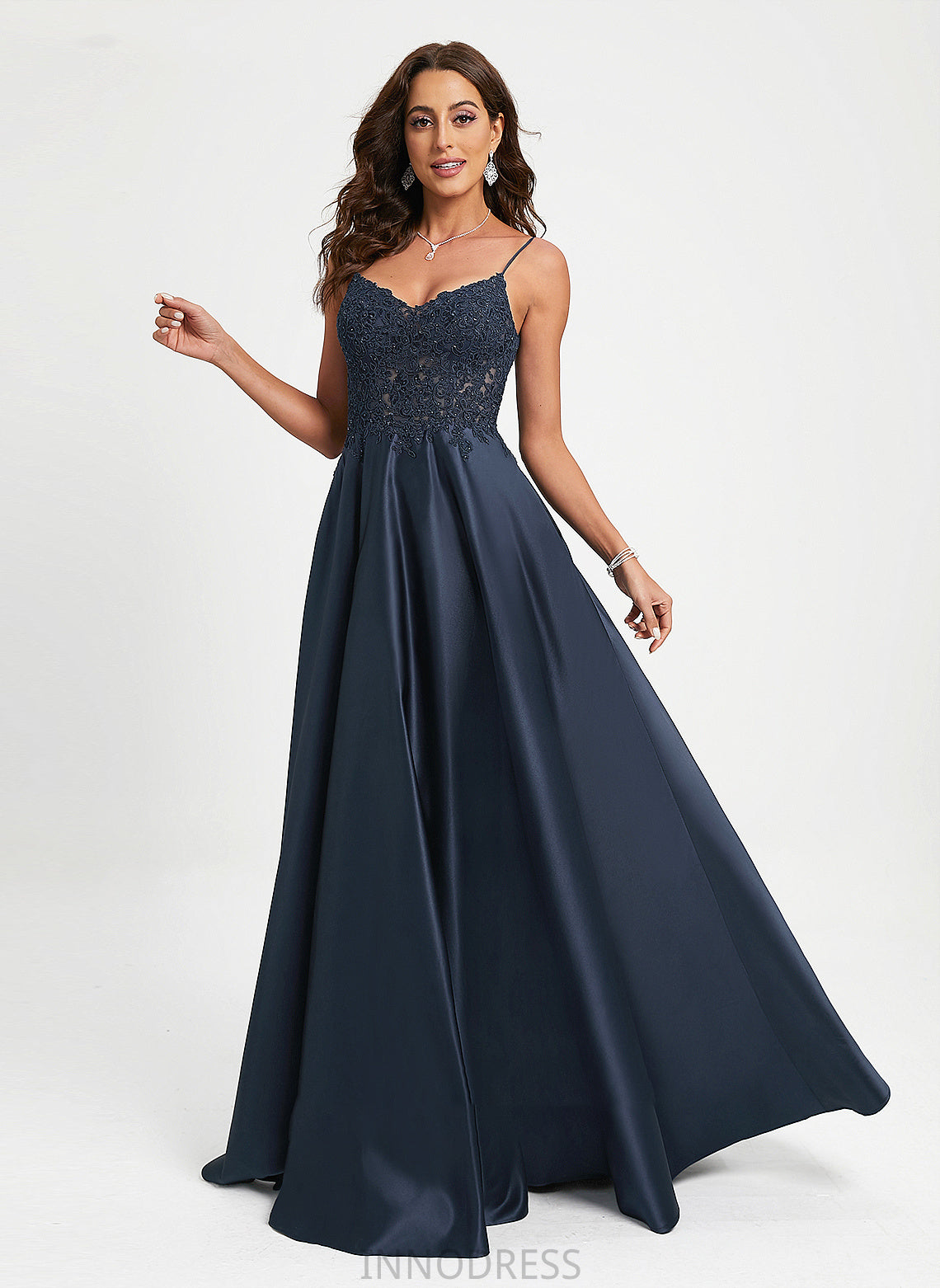 V-neck Sequins Floor-Length Lace With Prom Dresses Paisley Satin A-Line