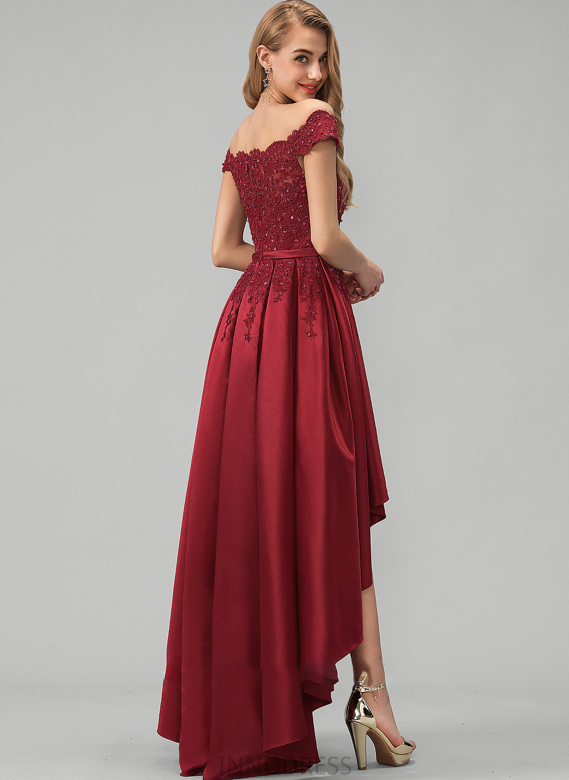 Bow(s) Lace Satin With Sequins Beading Ball-Gown/Princess Asymmetrical Off-the-Shoulder Krista Prom Dresses