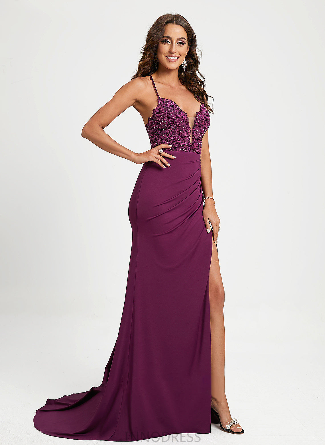 Sequins Train V-neck Casey With Jersey Beading Trumpet/Mermaid Sweep Prom Dresses