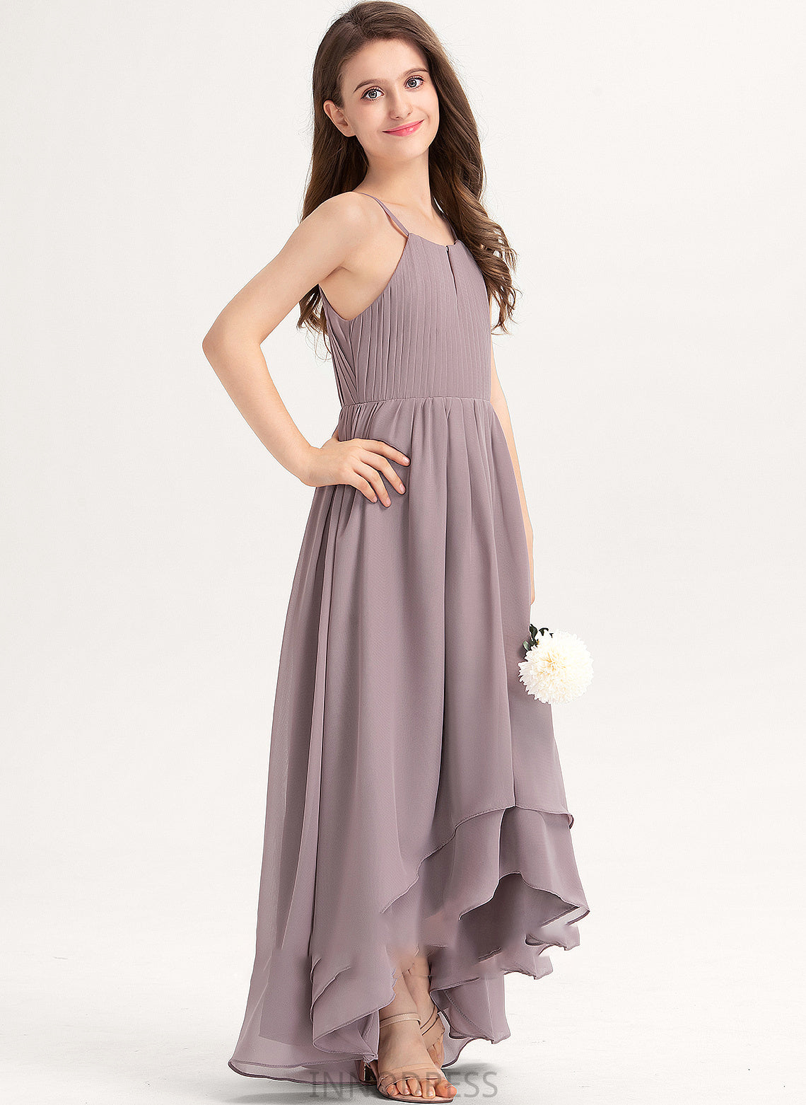 Bow(s) With Asymmetrical Neck A-Line Scoop Jakayla Ruffle Chiffon Junior Bridesmaid Dresses