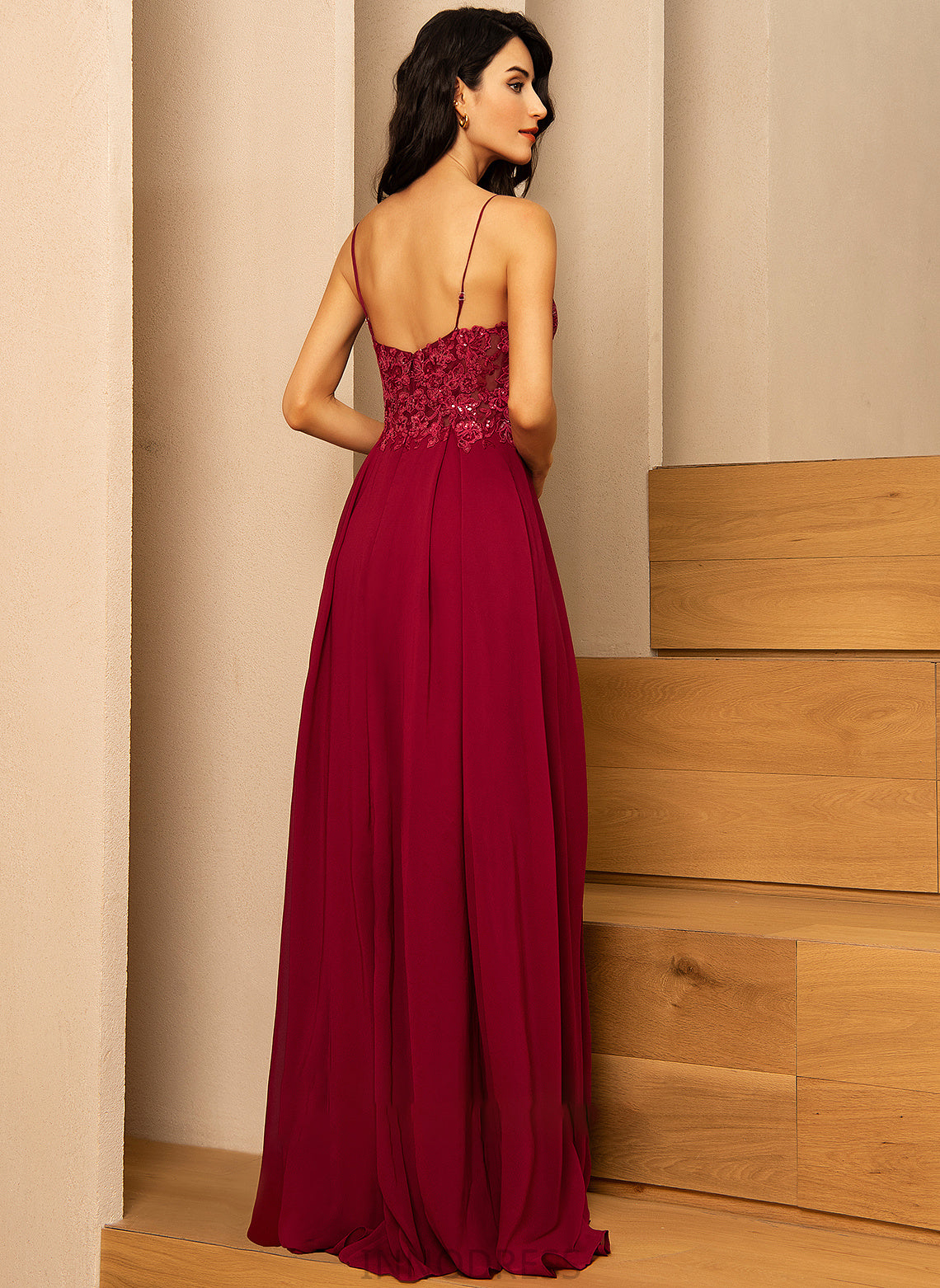 Floor-Length Lace Front Sequins Chiffon Itzel With A-Line Prom Dresses Split V-neck