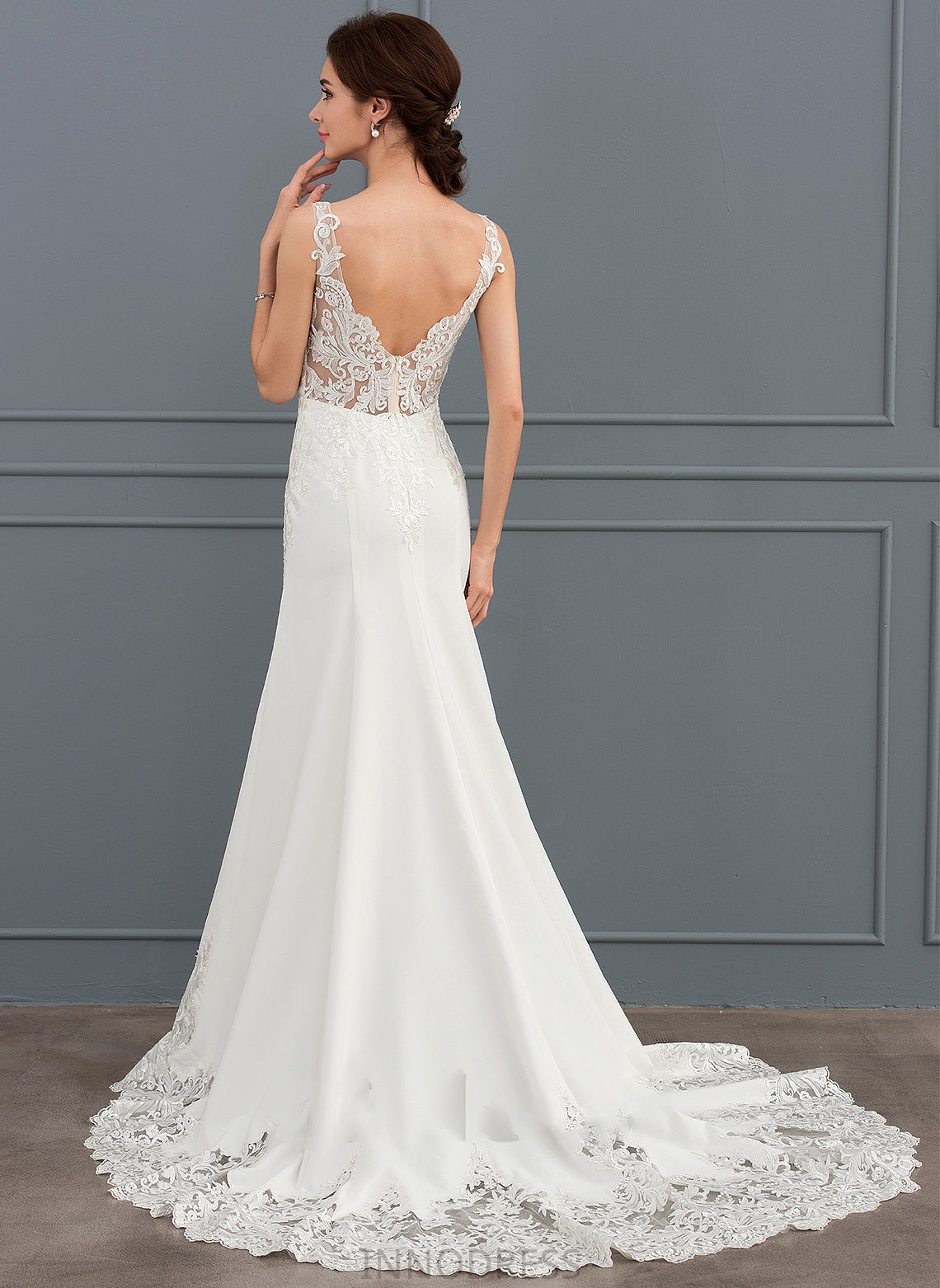 Wedding Dresses V-neck Crepe With Train Court Sequins Dress Stretch Wedding Trumpet/Mermaid Chasity Lace