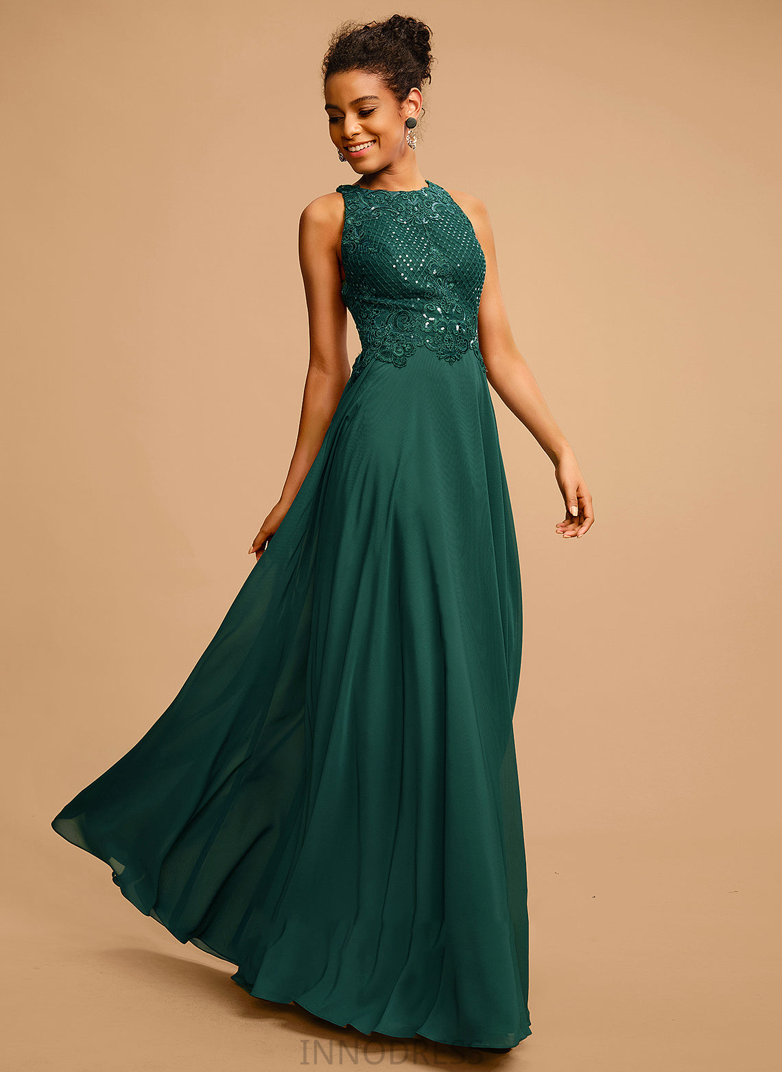 Prom Dresses Floor-Length Scoop Chiffon Neck Split Sequins Keyla Front Lace With A-Line