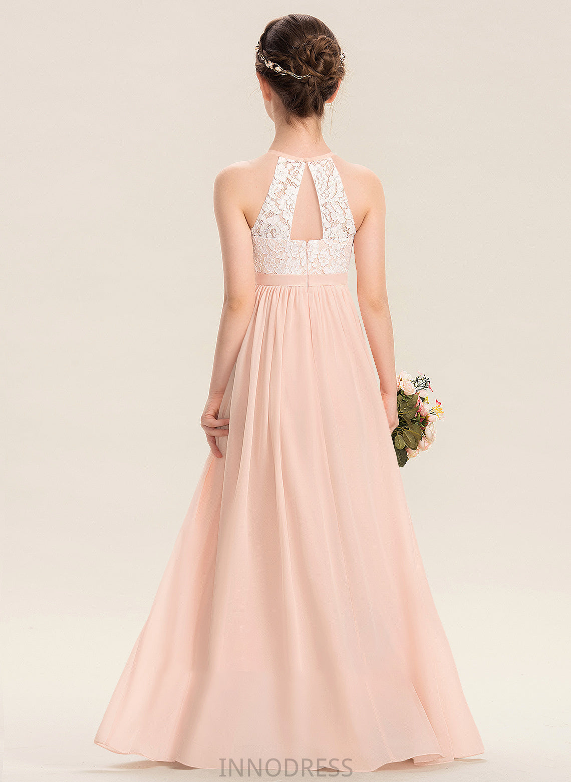Scoop Floor-Length Neck Chiffon Lace Eve Junior Bridesmaid Dresses A-Line