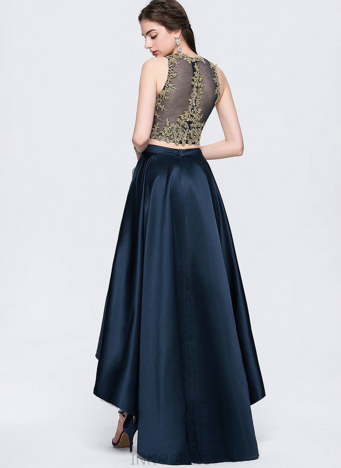 Asymmetrical Prom Dresses Lace Beading Neck Satin Sequins Jakayla With Scoop A-Line