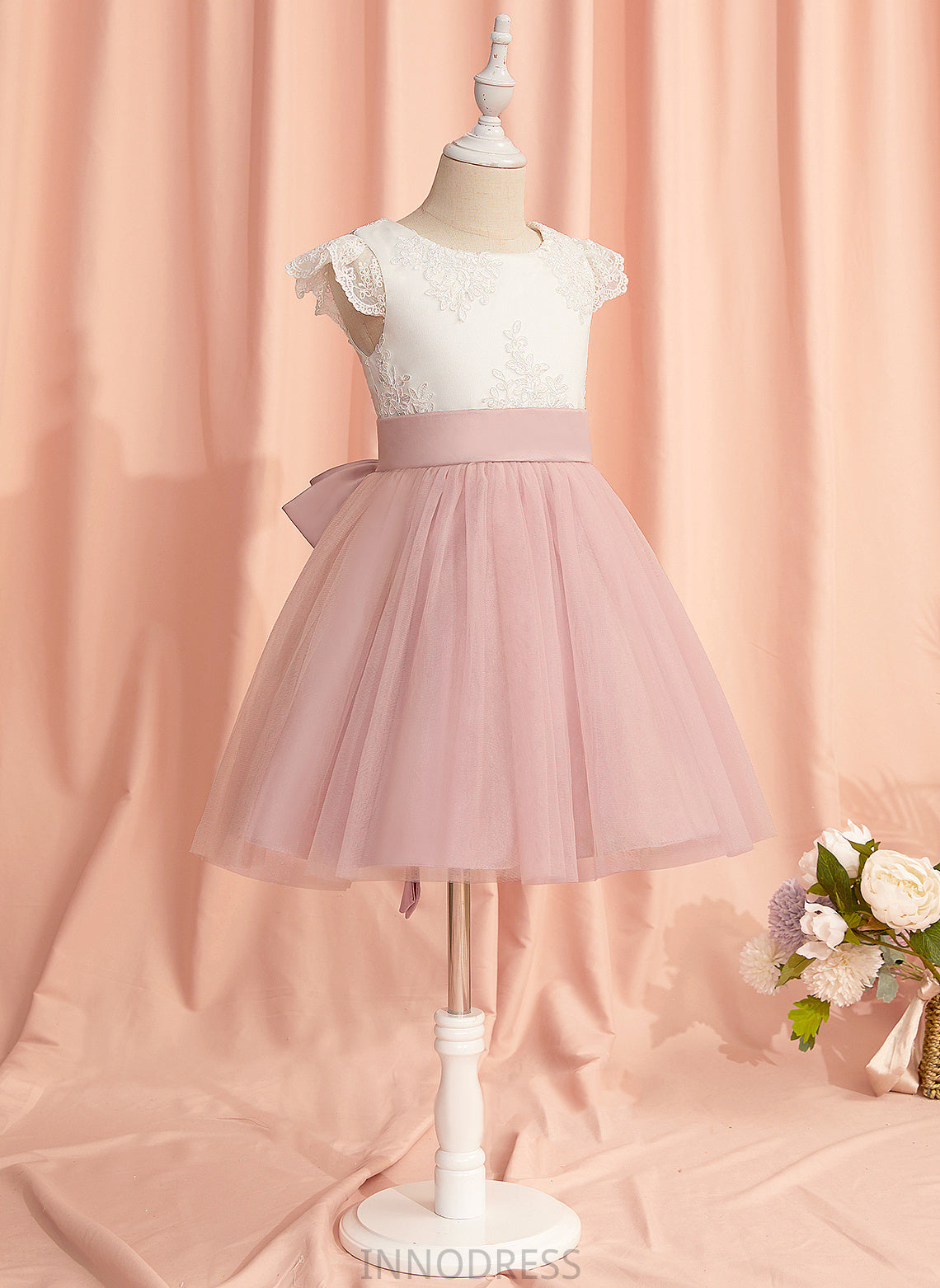- Knee-length Dress Lace/Bow(s) Maren Sleeves Neck Girl Tulle With Scoop Flower Girl Dresses Short A-Line Flower
