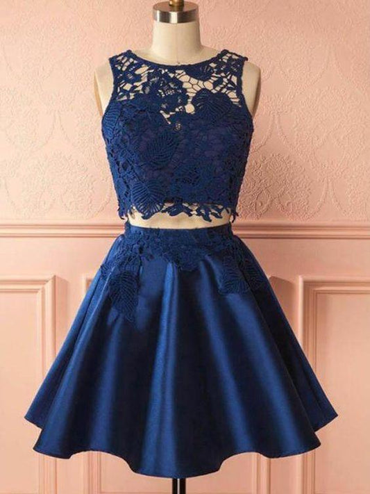 2 Pieces Navy Homecoming Dresses Satin Abagail Lace Two Pieces Blue Party Dress