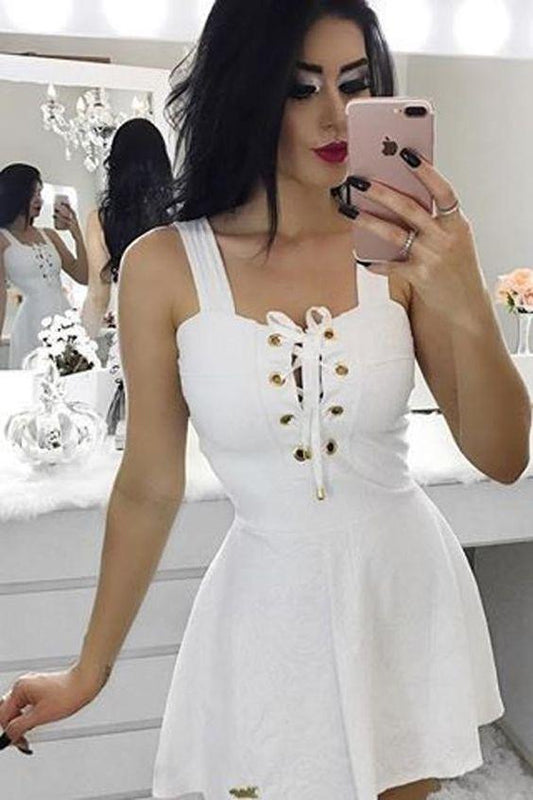 White Short A-Line Square Party Homecoming Dresses Satin Eden Dress 1094