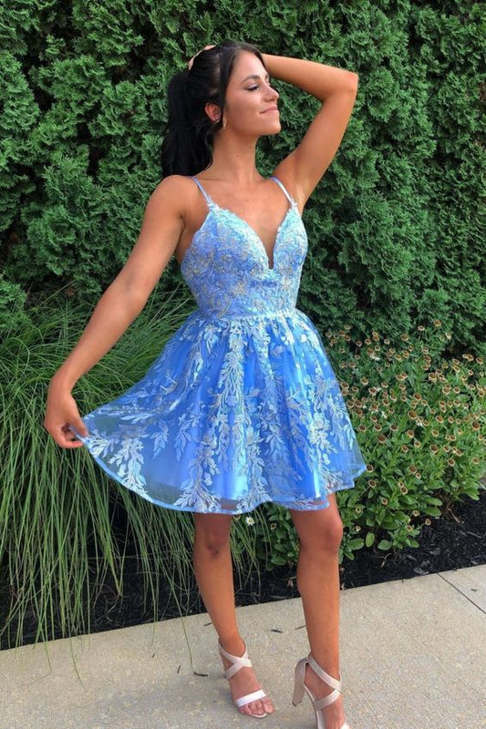 -Up Sequined Sky Homecoming Dresses Lace Haley Blue With Flowers 16431
