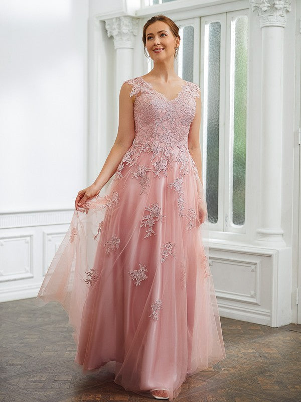 Alana A-Line/Princess Tulle Applique V-neck Sleeveless Floor-Length Dresses DPP0020264