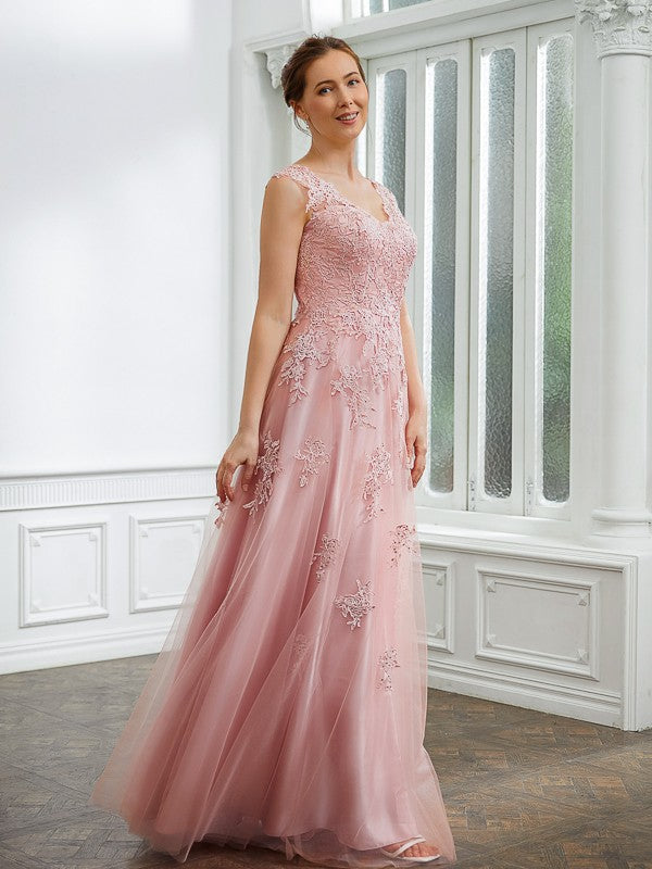 Alana A-Line/Princess Tulle Applique V-neck Sleeveless Floor-Length Dresses DPP0020264