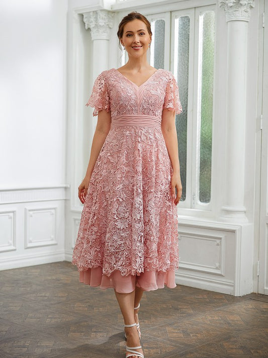 Sadie A-Line/Princess Chiffon Applique V-neck Short Sleeves Tea-Length Dresses DPP0020244