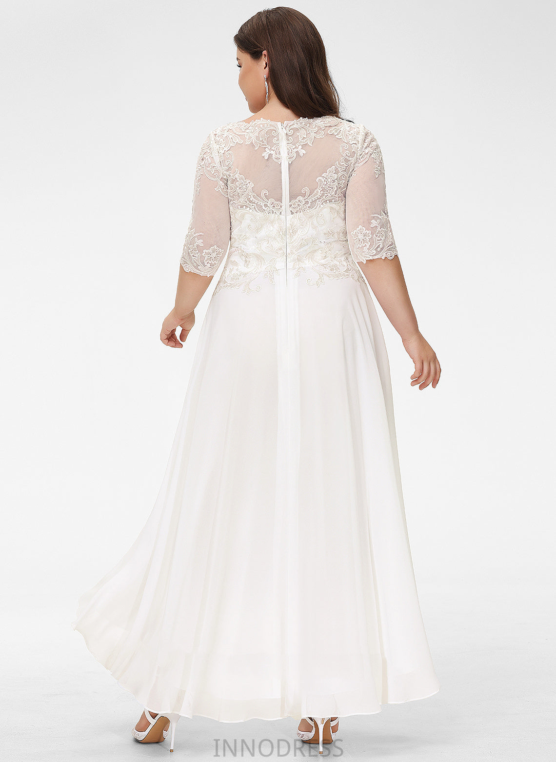 Lace With Sequins A-Line Asymmetrical Wedding Dresses Beading Wedding Dress Neck Scoop Chiffon Felicity