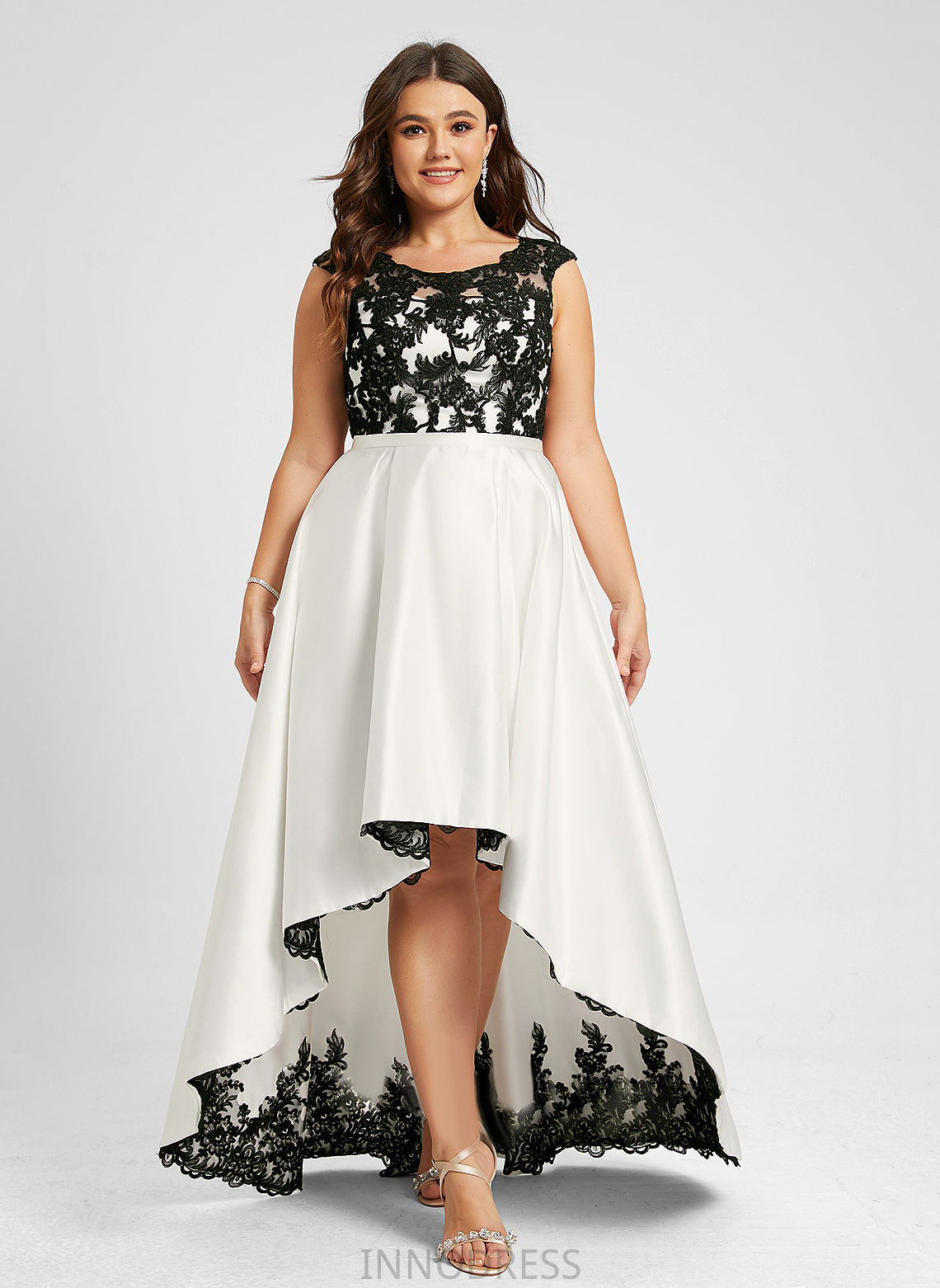 A-Line Asymmetrical Giuliana Lace Satin Wedding Wedding Dresses Scoop Illusion Dress