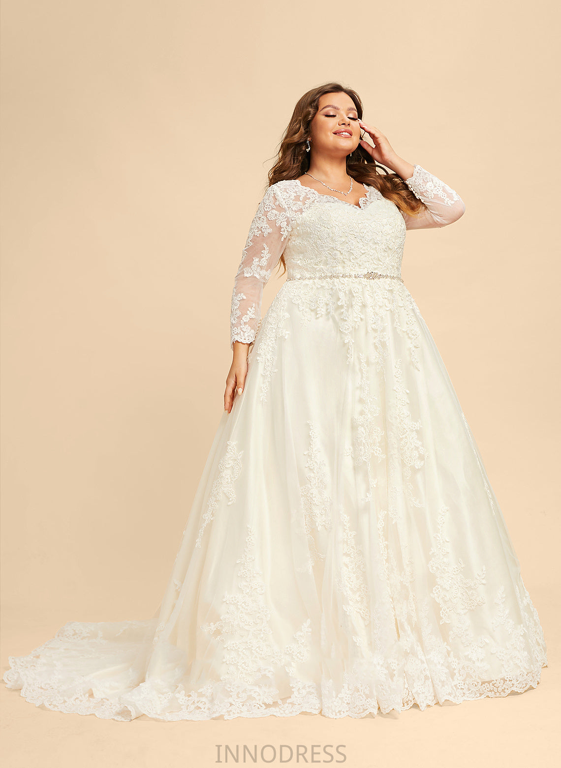 Train Wedding Dress Chapel Ball-Gown/Princess Sequins Tulle Wedding Dresses Lace V-neck Jaslene Beading With