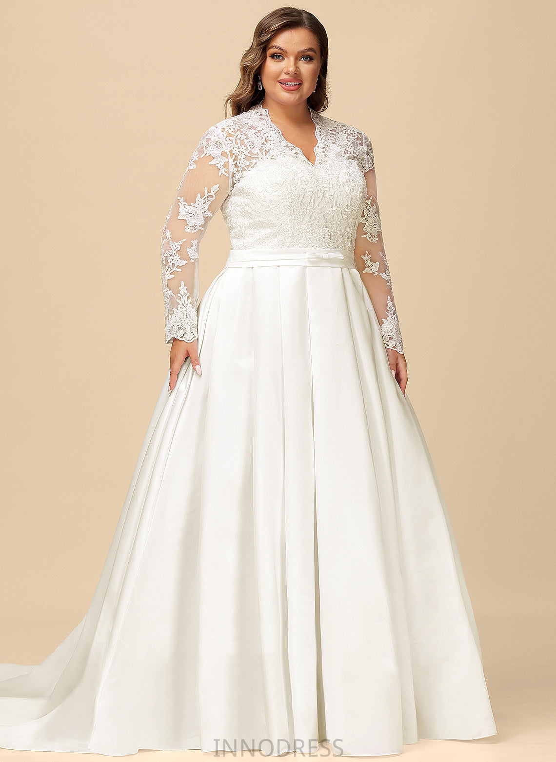 V-neck Wedding Lace Ball-Gown/Princess Elena With Satin Bow(s) Dress Train Wedding Dresses Court