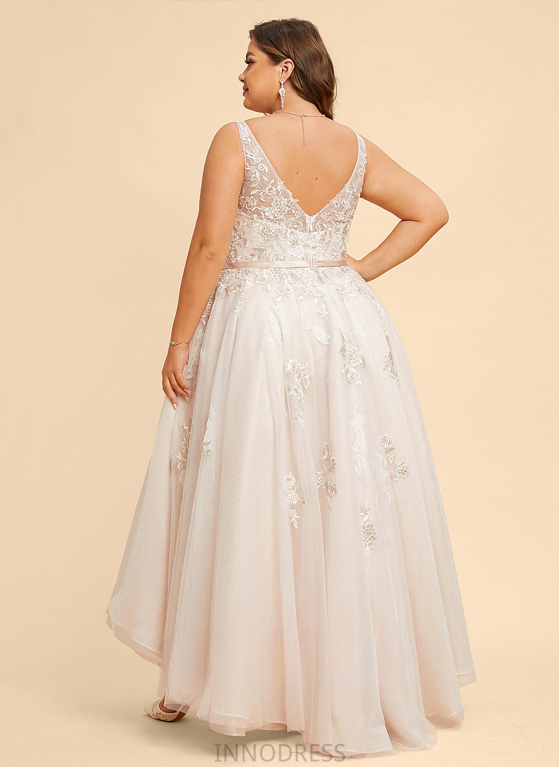 Bow(s) Carolina Asymmetrical Tulle V-neck Wedding Wedding Dresses Satin A-Line Dress With Lace