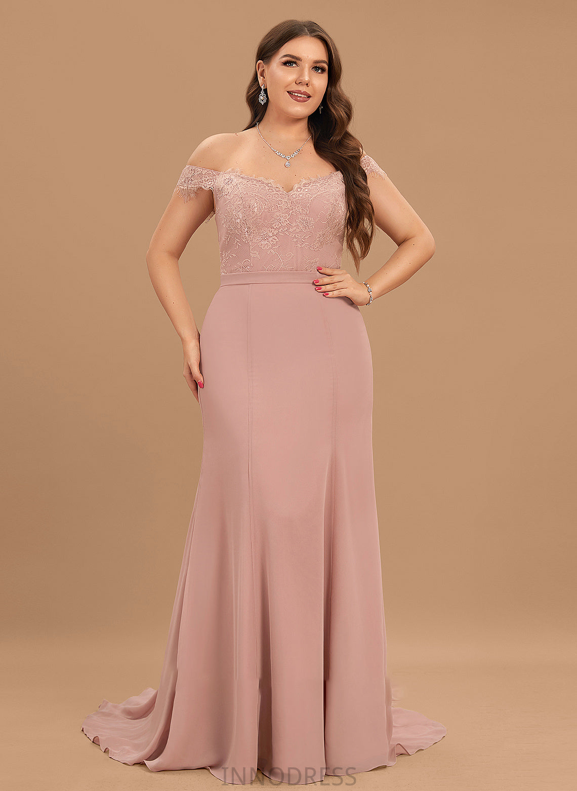 Court Prom Dresses Off-the-Shoulder Trumpet/Mermaid Train Lace Natalee With Chiffon Sequins