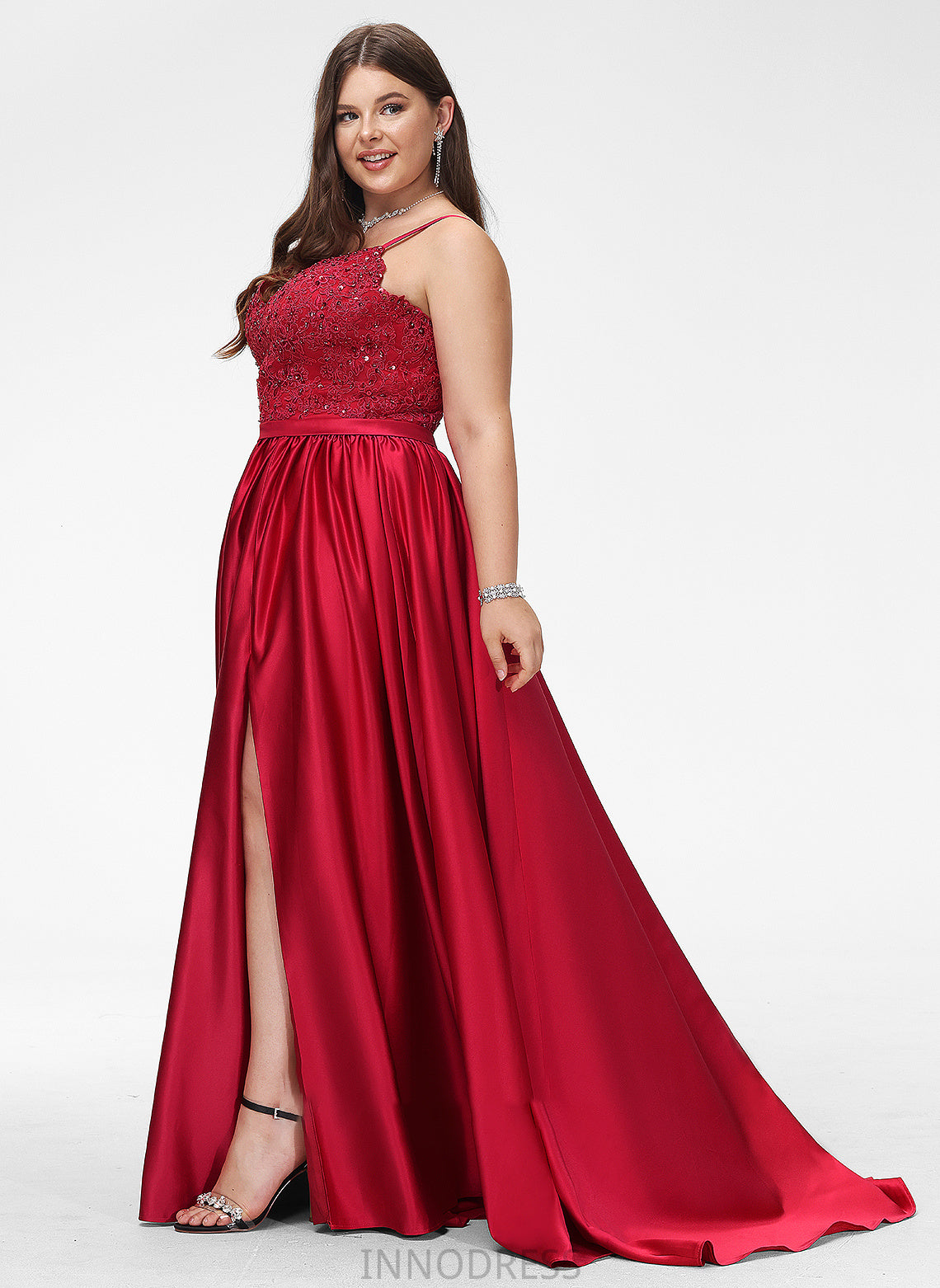 Split Train Prom Dresses Sweep Kadence V-neck Beading Sequins Ball-Gown/Princess Front Satin With