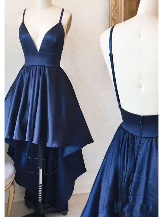 Alma A Line Satin Homecoming Dresses High Low Navy Blue Deep V Neck Spaghetti Straps Backless