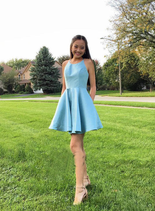 Halter Sleeveless Blue Simple Pleated A Line Satin Homecoming Dresses Anabel Short