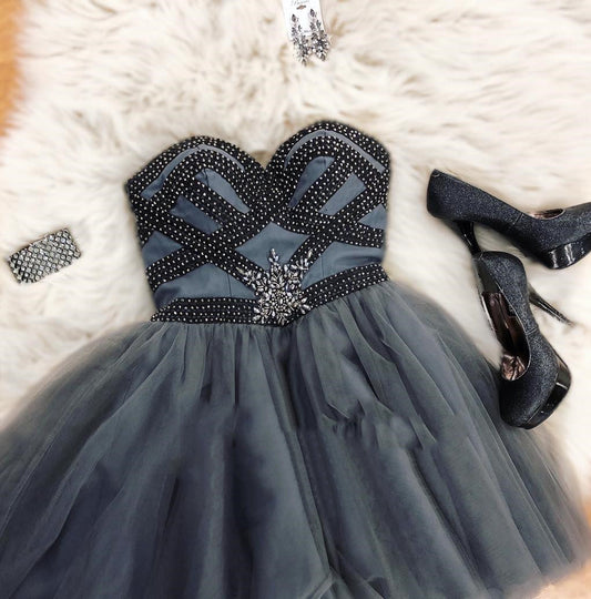 Dark A Line Tabitha Homecoming Dresses Grey Strapless Sweetheart Beading Tulle Pleated Short