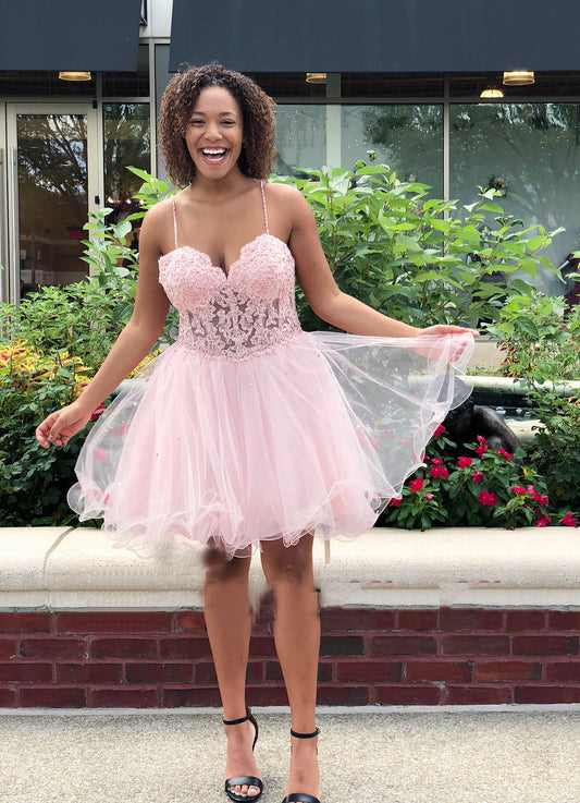 Spaghetti Straps Sweetheart Homecoming Dresses A Line Lace Pink Silvia Organza Pleated Sexy