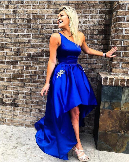 One Shoulder High Low Pleated Homecoming Dresses Royal Blue Alaina Satin Sleeveless Ball Gown